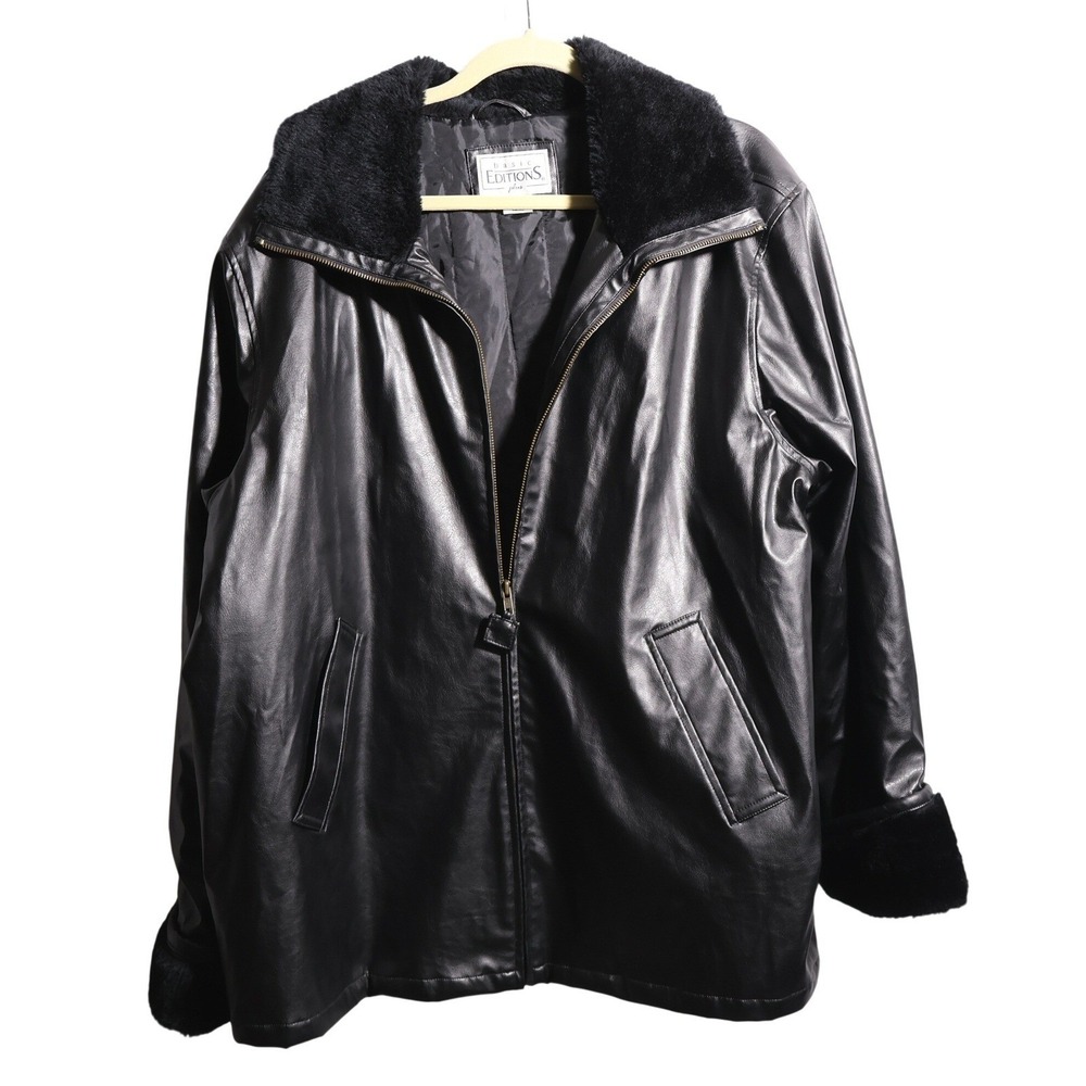 VTG Womens 2X Black Faux Leather Faux Fur Trim Jacket Quilted Lining Mob Wife